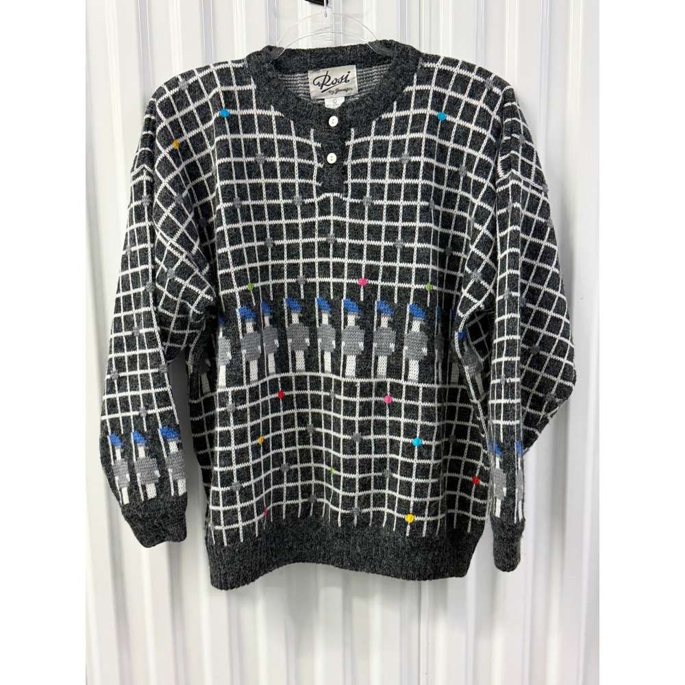 Rosi by Jennifer Sweater Womens Large Gray Vintage Excellent Soldier Grid Henley